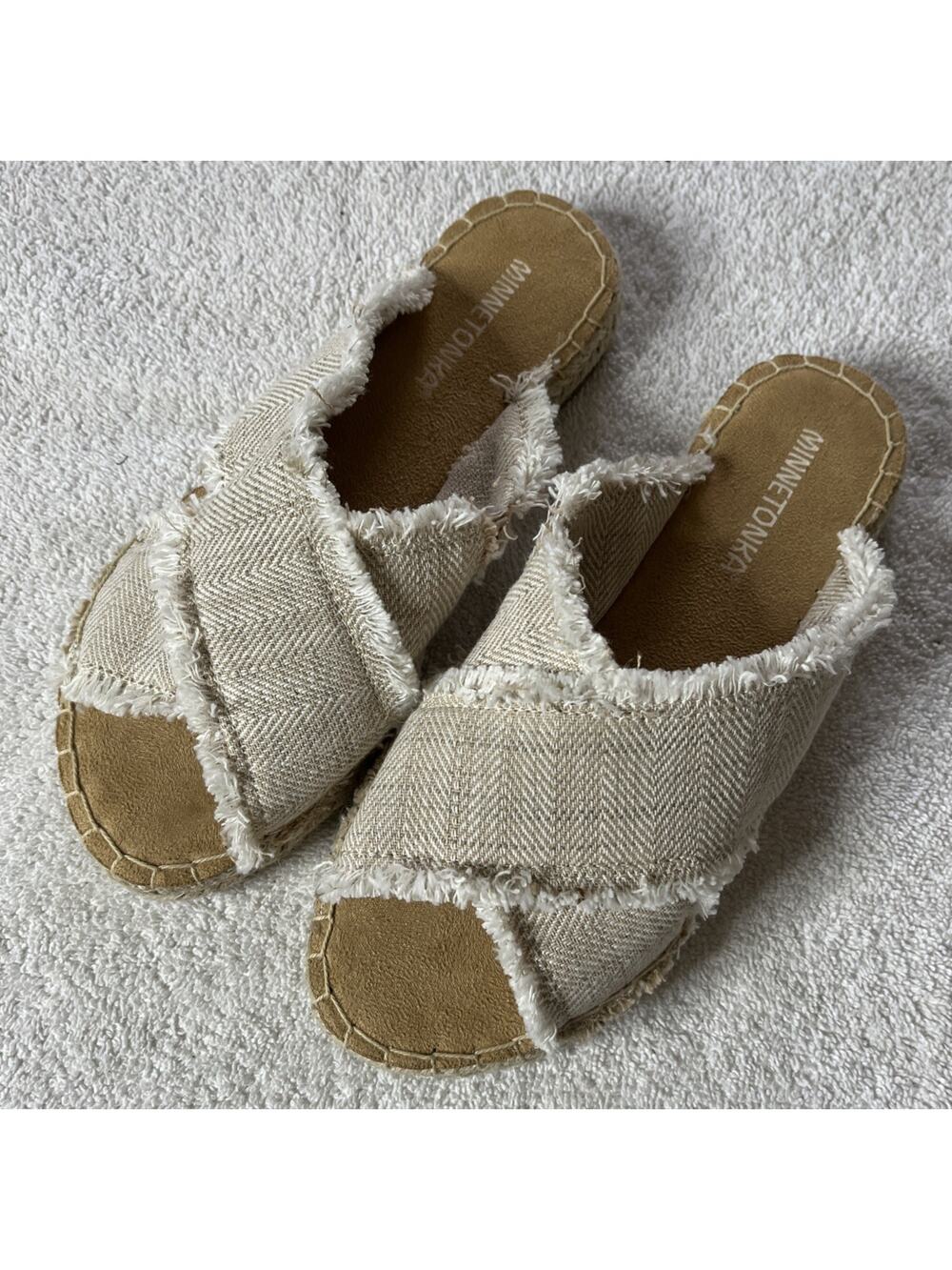 Minnetonka Women’s 7 Beige Fringed Fabric Cross Slides Sandals